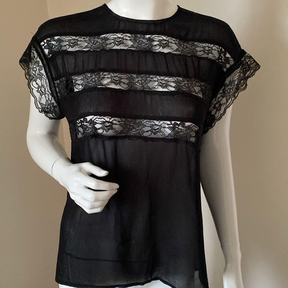 Reformation Black Lace Panel Sheer Short Sleeve Oversized Top Button up the Back